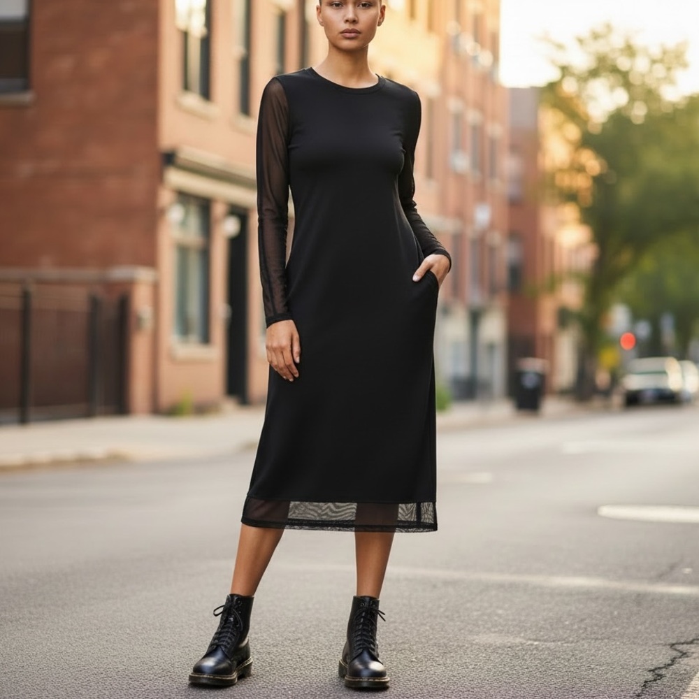 Mesh Sleeve Black Midi Dress - size L Vamp Goth Grunge